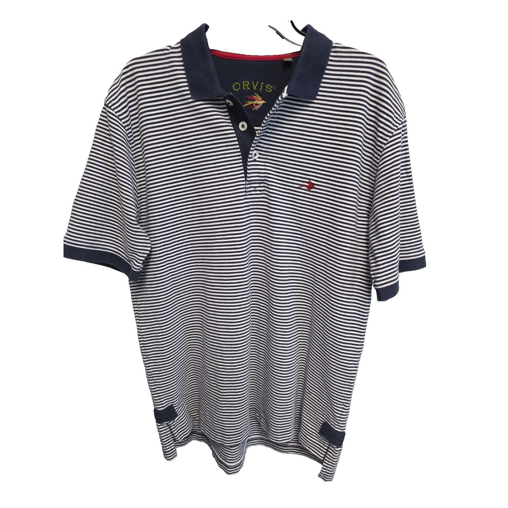 ORVIS Polo Shirt Mens Lg Navy Blue White Stripe Cotton Fly Fishing Embroidery